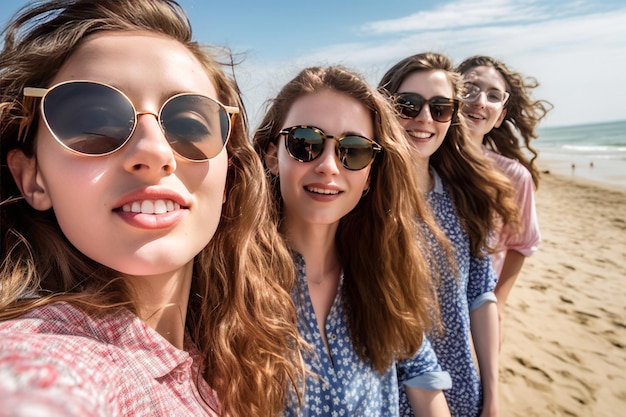 Foto cuatro chicas hacen cola en una playa con gafas de sol.