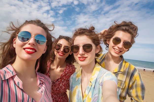 cuatro chicas en una playa con gafas de sol