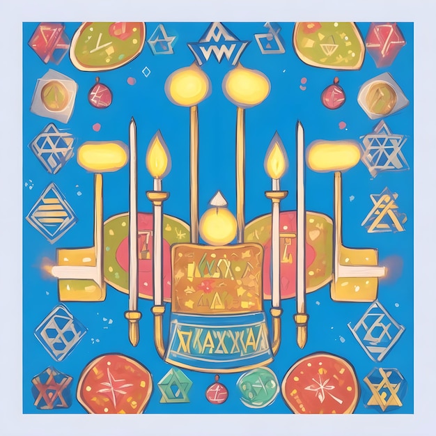 Cuatro coloridos Happy Hanukkah Festival Menorah y fondo de tonterías