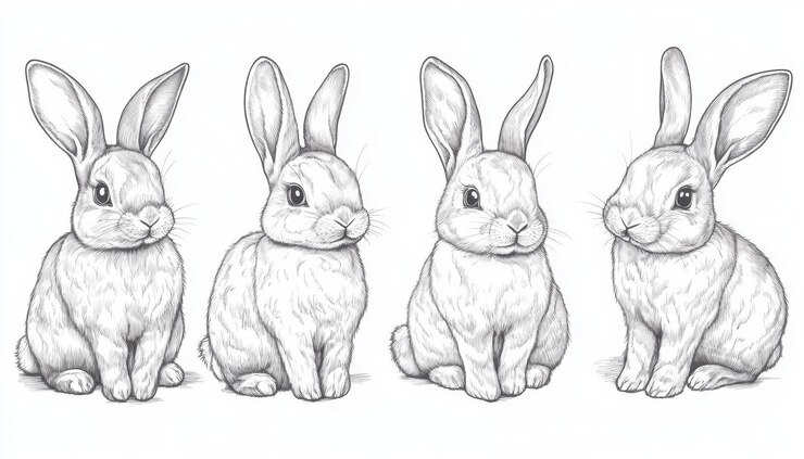 Foto cuatro conejos adorables sentados juntos en una postura natural
