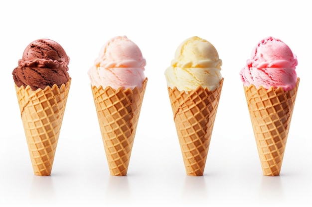 cuatro conos de helado con glaseado rosa y rojo están alineados en fila.