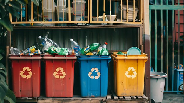 Foto cuatro contenedores de reciclaje de colores se colocan frente a una casa los contenedores son rojos, azules, amarillos y verdes