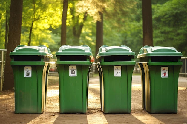 Cuatro contenedores de reciclaje verdes a la luz del sol con etiquetas