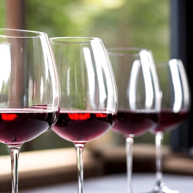 Cuatro copas de vino están alineadas con una que dice "vino"
