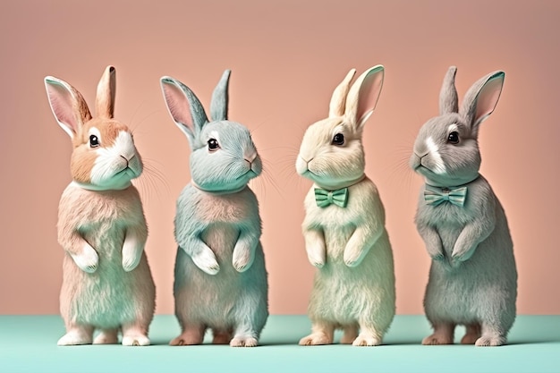 Cuatro divertidos conejos adultos con un complemento formal en el cuello sobre fondo de color IA generativa