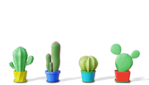 Cuatro especies de diferencia de cactus en estilo minimalista de dibujos animados con un fondo blanco. Representación de ilustración 3D.