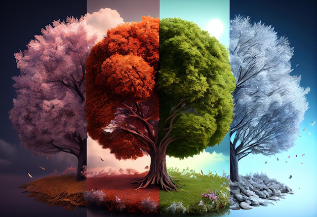 Las cuatro estaciones temporales en un árbol verde primavera verano otoño nieve invierno una cara un marco Naturaleza concepto y fondo