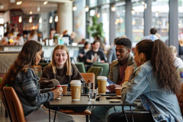 Cuatro estudiantes charlan y disfrutan de bebidas en una mesa de café en el campus Estudiantes interactuando en una cafetería del campus