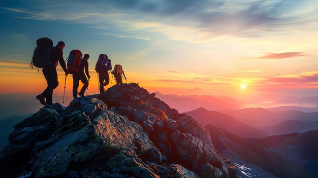 Cuatro excursionistas en la cima de una montaña al amanecer La vista es impresionante con picos escarpados y un cielo dorado