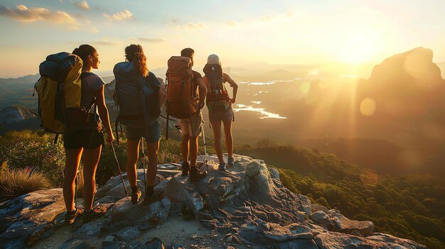 Foto cuatro excursionistas están en la cima de una montaña y miran la vista el sol se está poniendo detrás de ellos el cielo es naranja y las nubes son rosas