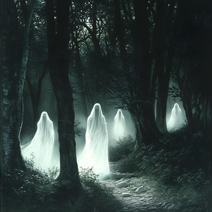Cuatro fantasmas brillantes en un bosque oscuro