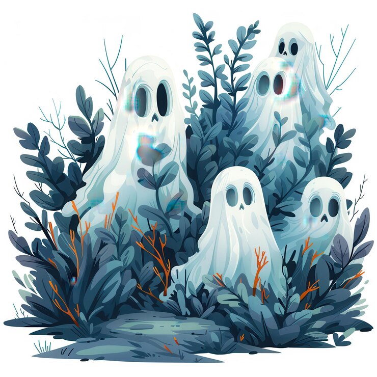 Cuatro figuras de fantasmas bonitas de Halloween ocultas entre las plantas ilustración caprichosa