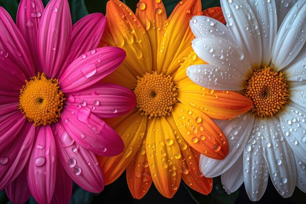 cuatro flores tipo margarita de color rosa, naranja, blanco y amarillo