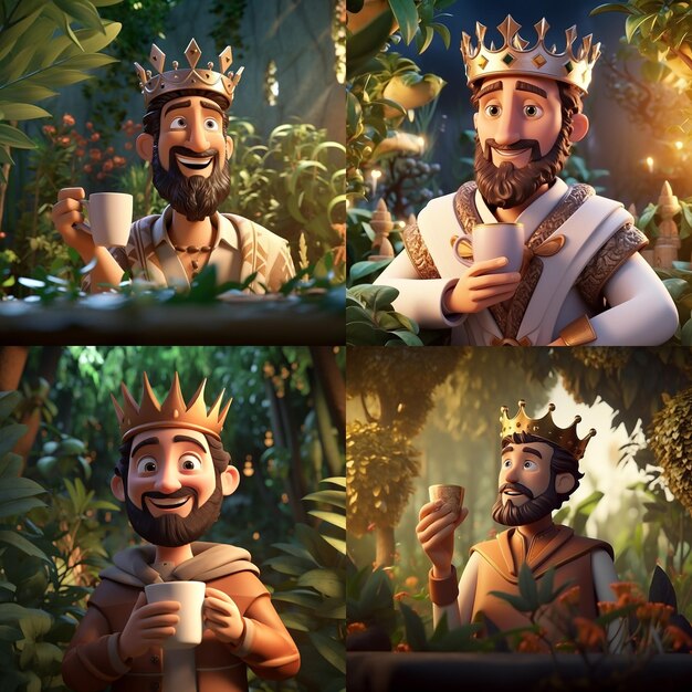 cuatro fotos del rey tomando café y mirando su plantación de café