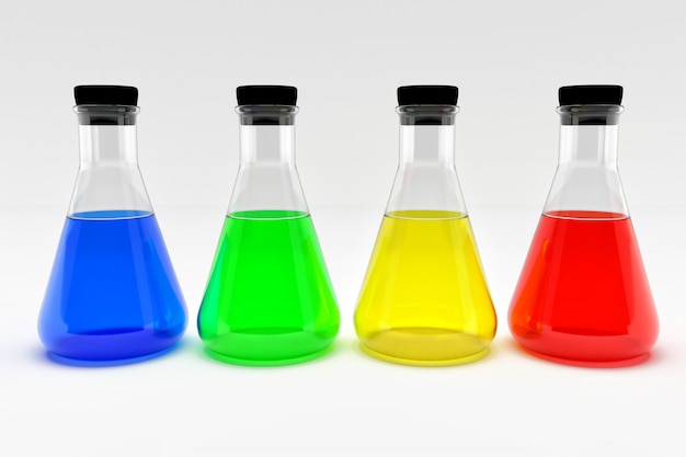 Cuatro frascos de laboratorio con tapones de corcho negro y líquidos coloridos aislados en blanco