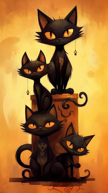 Cuatro gatos negros encaramados en una pila mirando hacia el cielo al estilo de jeremiah ketner brian kesinger expresiones faciales animadas ámbar oscuro