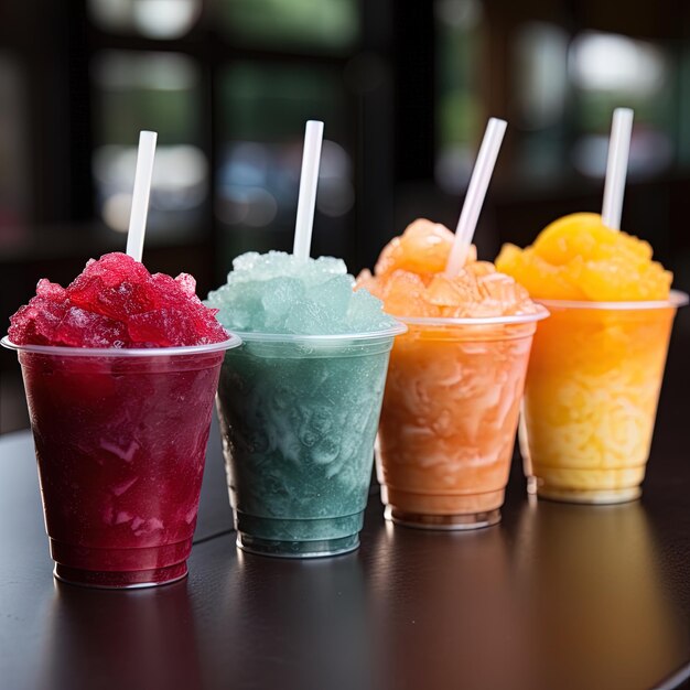 Foto cuatro helados de diferentes colores están alineados en una mesa