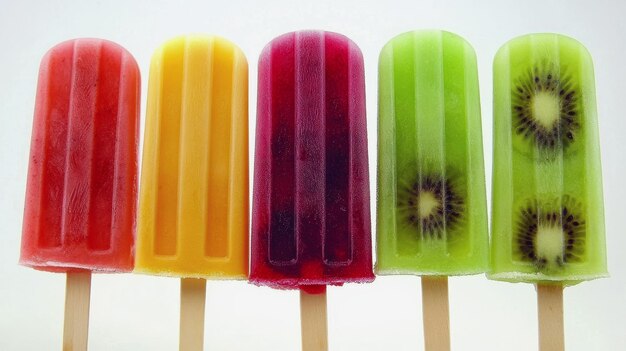 cuatro helados de diferentes colores en palos con kiwi y kiwi en ellos