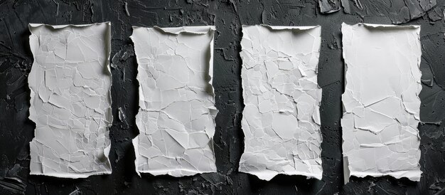 Cuatro hojas de papel blanco rasgadas en una pared oscura