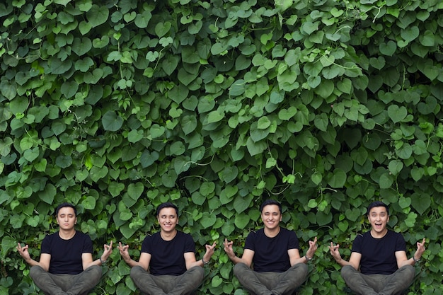 Foto cuatro hombres asiáticos similares posando yoga.