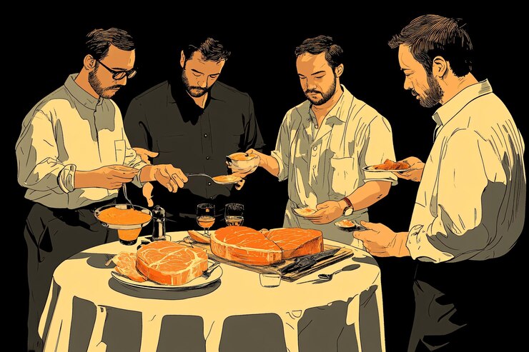 Cuatro hombres compartiendo un banquete alrededor de una mesa