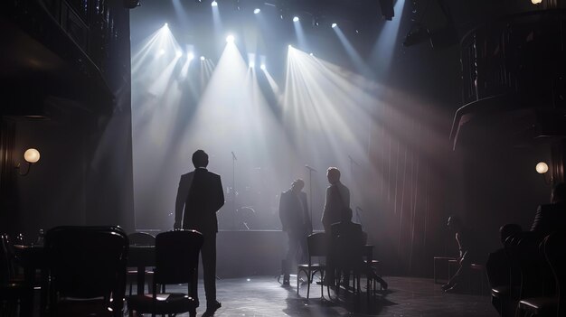 Cuatro hombres de pie en un escenario en un teatro oscuro