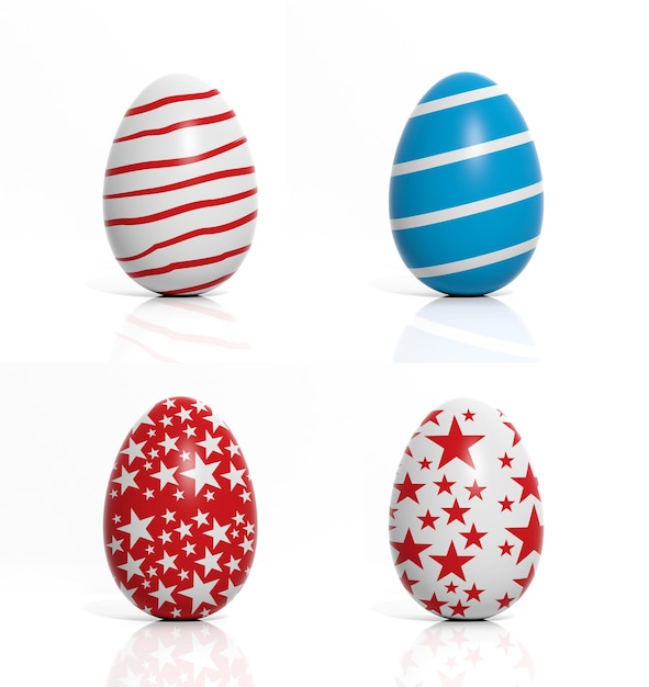 Cuatro huevos de colores con formas geométricas aisladas en blanco