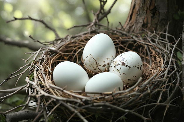 cuatro huevos de pájaro en un nido en la naturaleza