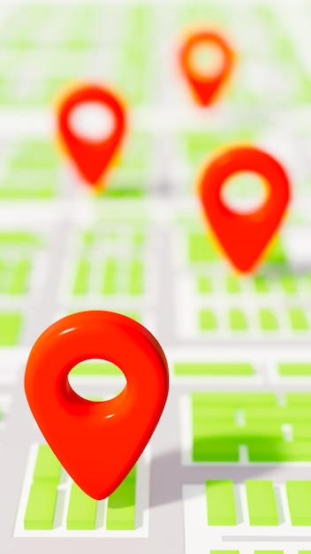 Cuatro iconos de ubicación rojos en diferentes puntos del tema del mapa de la ciudad de usar GPS y rutas de rastreo