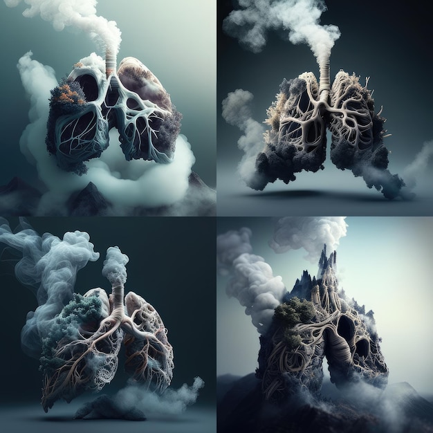 Cuatro ilustraciones de un humo y una pila de humo en forma de corazón.