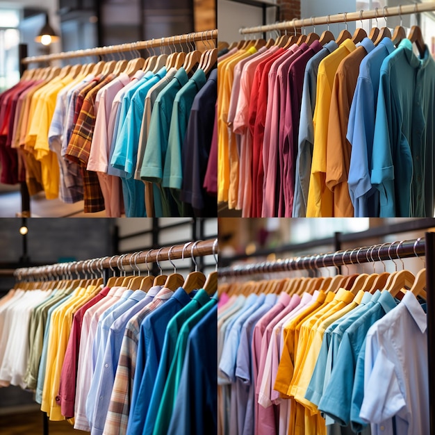 Cuatro imágenes de camisetas colgadas con varios colores.