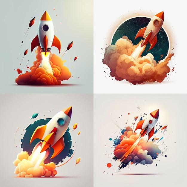 Cuatro imágenes diferentes de un cohete con las palabras "cohete" en la parte inferior.