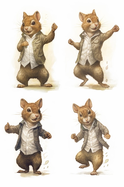 Cuatro imágenes de un personaje de ratón en varias poses generativas ai