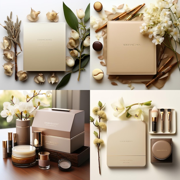 Cuatro imágenes de productos cosméticos de lujo con flores.