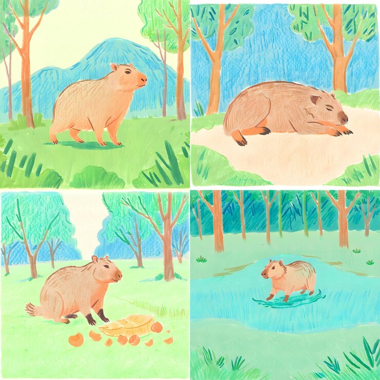 Foto cuatro imágenes que representan a un capibara en diferentes posturas dentro de la selva