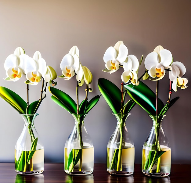 Cuatro jarrones de orquídeas blancas están sobre una mesa.