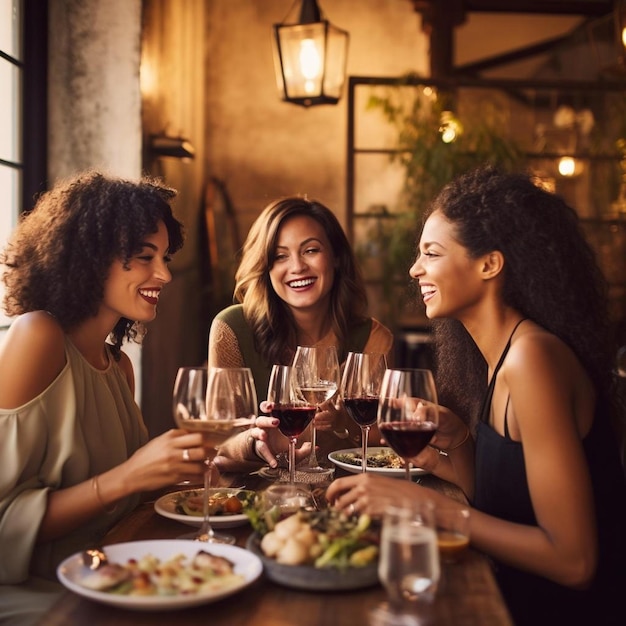 Foto cuatro jóvenes amigas se reúnen para tomar bebidas y comida haciendo un brindis en un restaurante