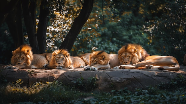 Foto cuatro leones durmiendo en una roca en medio de un bosque todos miran en la misma dirección el fondo es borroso