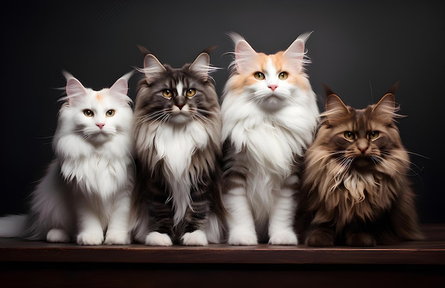 Cuatro lindos gatos sentados con un fondo moderno cinza escuro