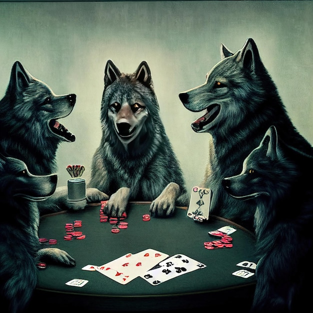 cuatro lobos jugando al poker