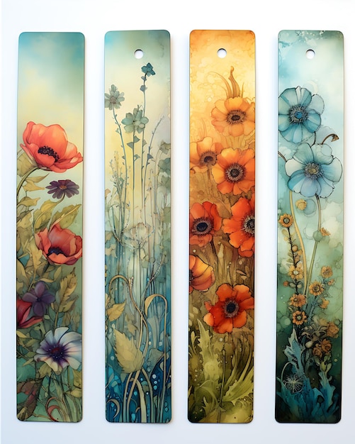 Cuatro marcadores con impresiones de flores
