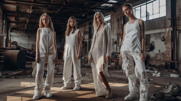 Cuatro modelos se paran en un almacén, visten pantalones blancos y blusas blancas.
