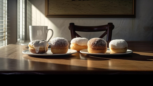 Cuatro muffins en platos en una mesa de madera al lado