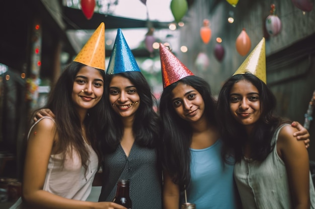 Cuatro mujeres con coloridos sombreros celebrando y disfrutando de su compañía