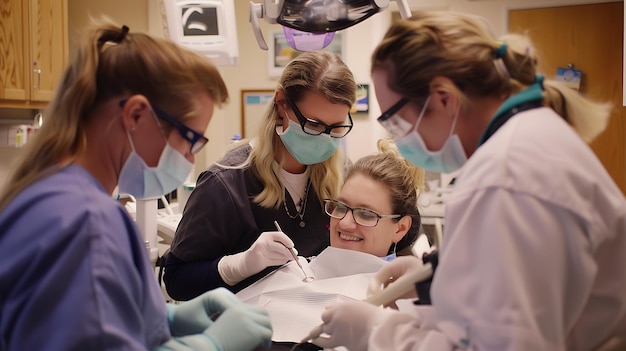 Foto cuatro mujeres en un consultorio dental el dentista está examinando los dientes del paciente mientras el asistente sostiene la succión