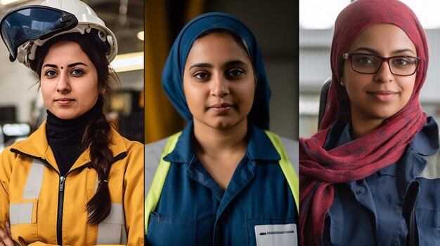 Foto cuatro mujeres en diferentes trabajos, una de ellas con casco y casco.