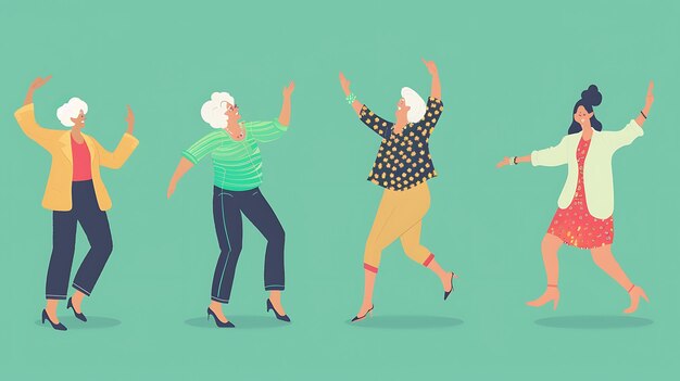 Foto cuatro mujeres diversas de diferentes edades están bailando felices todas llevan ropa casual y están sonriendo el fondo es un simple color verde