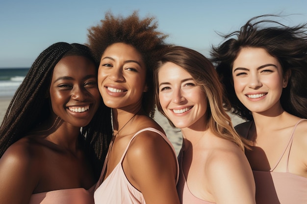 Cuatro mujeres felices en la playa en el estilo de curvas audaces