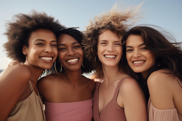 Cuatro mujeres felices en la playa en el estilo de curvas audaces