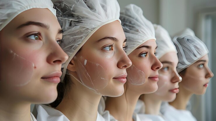 Cuatro mujeres con gorras blancas y máscaras faciales